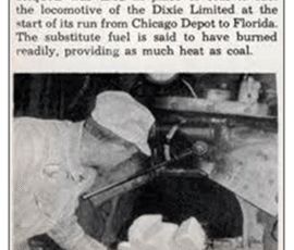 Featured in Modern Mechanix. March, 1938. Dried milk briquettes fuel a locomotive train from Chicago to Sarasota, Fla.