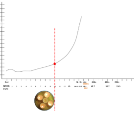At 10mph the critical point is reached. Past this point glycolysis ‘goes crazy’ and lactate production rises exponentially at speeds past the red-dotted line.